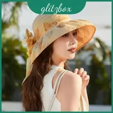 Chapéu De Aba Larga Da Moda Feminina Com Gravata Borboleta E Estampa De Flores Para Guarda-Sol Estilo