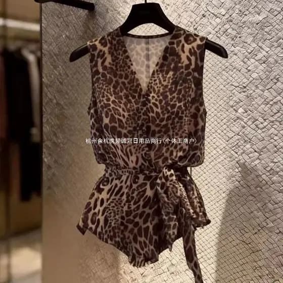 Colete de chiffon Retro leopardo impressão com decote em V sem mangas chiffon camisa feminina verão estilo fino cintura