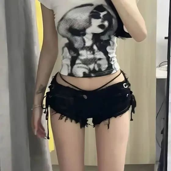 Super shorts quente menina boate desgastado lado atado oco Denim borda-ripado super shorts feminino verão cintura baixa