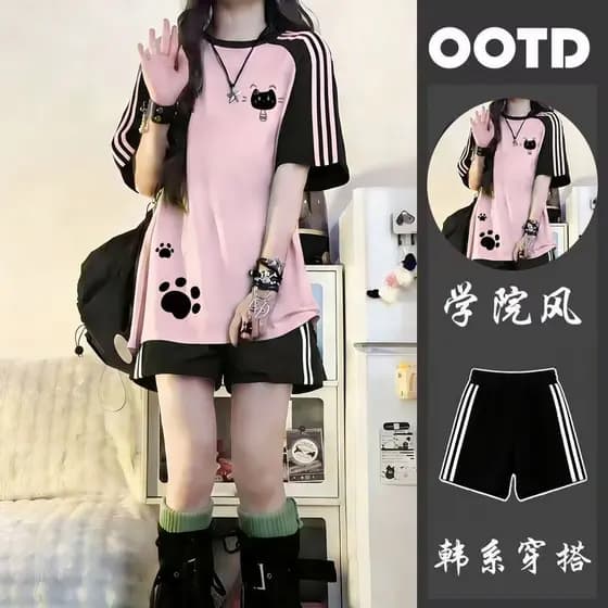 Camiseta De Algodão Puro Solta De Temperamento De Verão Para Crianças Médias E Grandes Três Listras Slim Cat Print Estil