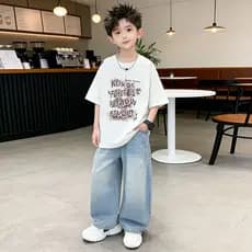 Meninos Verão Casual Terno De Manga Curta Crianças Médias E Grandes Na Moda Calças Retas Jeans Finas Bonito Conjunto De