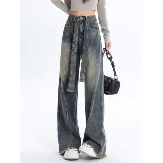 Estilo Americano Design Sense Jeans De Perna Larga Para Mulheres Médias E Grandes Calças Retas Retrô Soltas Versáteis Mu