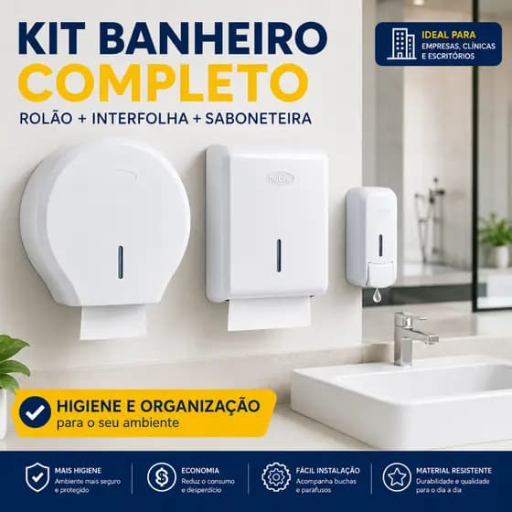 Kit Banheiro Completo Nobre Rolão Interfolha Saboneteira Parede Comercial