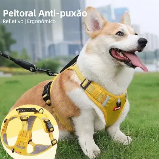 Peitoral Anti Puxão para Cachorro Ajustável com Alça Reforçada Faixas Refletivas Fecho com Trava