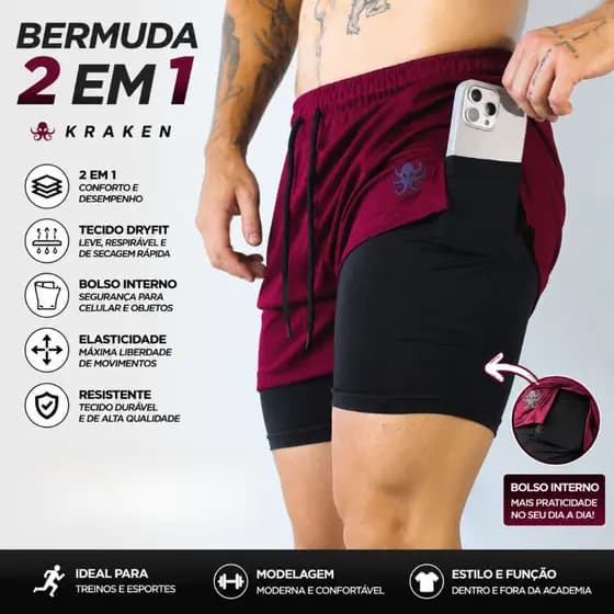 Bermuda 2 em 1 Masculino Kraken com Forro de Poliamida Para Atividades Esportivas