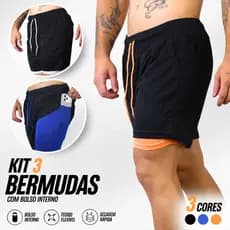 Kit 3 Bermudas 2 em 1 Masculinas Color Com Forro de Compressão e Suporte de Toalhas