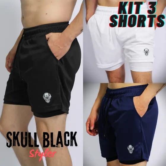 Kit 3  Bermudas Masculinas 2 em 1 com Suporte para Celular Skull Black