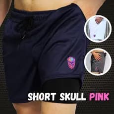 Bermuda Short Masculino Skull Pink 2 em 1 Forro Duplo Fitness para Atividades físicas academia