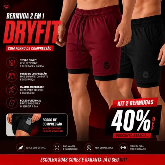 Kit 2 Shorts 2 Em 1 Masculino Kong Dryfit Com Compressão Academia