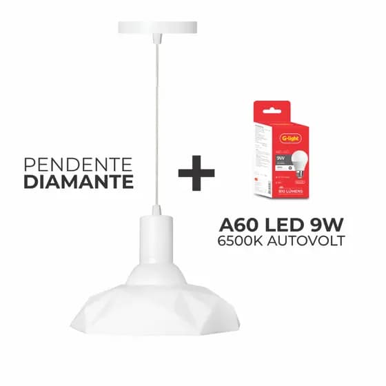 Luminária Pendente Lustre Diamante com lâmpada A60 Bulbo 9W 6500K Luz branco frio G-light