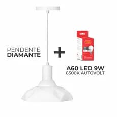 Luminária Pendente Lustre Diamante com lâmpada A60 Bulbo 9W 6500K Luz branco frio G-light