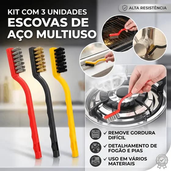 Kit com 3 Unidades Escova de Aço para Limpeza Multiuso Forno Grelha Fogão Aço Latão Nylon