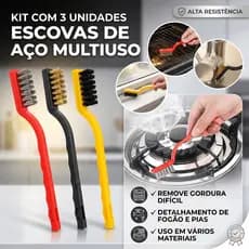 Kit com 3 Unidades Escova de Aço para Limpeza Multiuso Forno Grelha Fogão Aço Latão Nylon