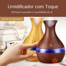 Umidificador Ultrassônico Madeira com Luz LED e Aromaterapia Portátil - 300ml Cabo USB
