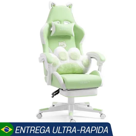 Cadeira Gamer Com Almofada Lombar Formato Pata De Gato e Orelhas De Gato Ergonômica VERDE