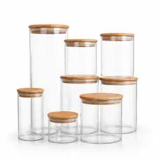 Kit Potes De Vidro Tampa De Bambu Recipiente de Armazenamento Vários Tamanhos Transparente