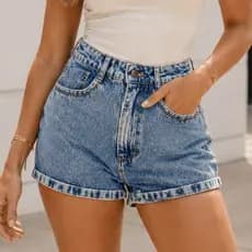 Short Jeans Feminino Cintura Alta Lavagem Confortável Moderna 100% Algodão Verão Casual
