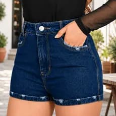 Short Jeans Feminino Cintura Alta Casual E Confortável Azul Escuro Moda Blogueira