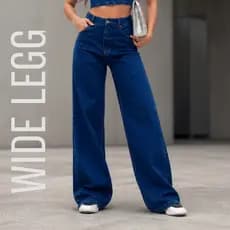 Calça Wide Leg Jeans Feminina 100% Algodão Pantalona Lavagem Escura Cintura Alta Moderna