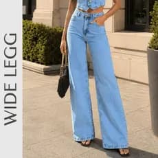 Calça Wide Leg Jeans Feminina 100% Algodão Lavagem Clara Cintura Alta Com Bolsos
