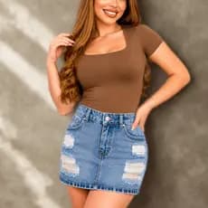 Saia Jeans Feminina Curta Cintura Alta Marmorizada Destroyed 100% Algodão Bolsos