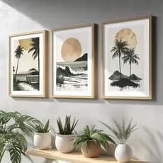 kit 3 quadros decorativos paisagem praia mar sala cozinha quarto grande moderno