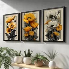 kit 3 quadros decorativos com moldura madeira para quarto sala cozinha parede grande quadros flores