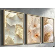 quadros decorativos para sala escritório cozinha grande folhagem dourada gold moldura