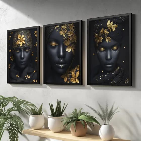 Quadro decorativo moldura mulheres negras flores douradas  sala quarto moderno grande