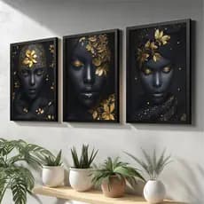 Quadro decorativo moldura mulheres negras flores douradas  sala quarto moderno grande