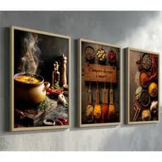 Kit 3 quadros decorativos com moldura para cozinha amor temperos parede medeira panela carinho