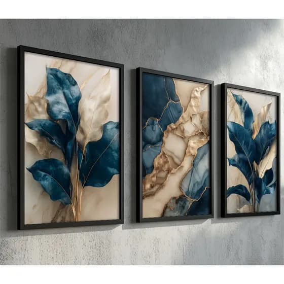 Kit quadros decoração com moldura sala escritorio quarto casa moderno dourado azul folhas luxo
