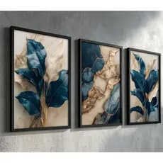 Kit quadros decoração com moldura sala escritorio quarto casa moderno dourado azul folhas luxo