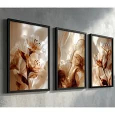 Kit 3 quadros decoração com moldura casa sala parede cozinha quarto escritório flores branco dourado