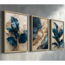 Kit quadros decorativos para sala quarto com moldura moderno dourado azul folhas mármore luxo