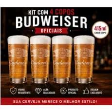 Jogo 4 Copos de Vidro Budweiser Oficial 415ml – Copos para Cerveja | Vidro Resistente | Produto Oficial