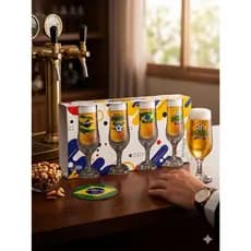 Taças Barcelona Copa do Mundo 370ml Kit 4 Peças Vidro Logos Sortidas Futebol Bar