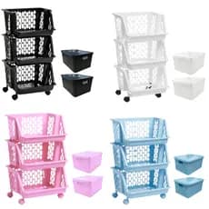 Kit Organizador Quarto Banheiro Cozinha: 1 Cesto 3 Andares Vertical + 2 Caixas Organizadoras Rattan 4L Com Tampa