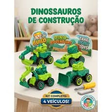 4 Carrinhos Fricção Dinossauro Monta Desmonta com Chave Brinquedo Educativo Infantil Trator Retroescavadeira Britadeira.