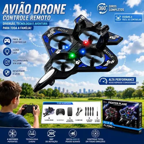 Avião Drone Controle Remoto Recarregável Led 360° Rc