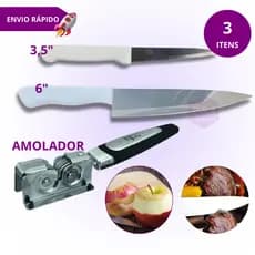 Kit Facas de Cozinha 3,5" e 6" com Amolador Afiador Manual para Corte Preciso de Carnes Peixes e Alimentos