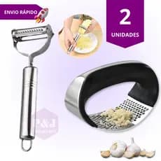 Conjunto Descascador de Legumes Frutas Verduras Inox + Amassador Espremedor de Alho Inox Utensílios de Cozinha
