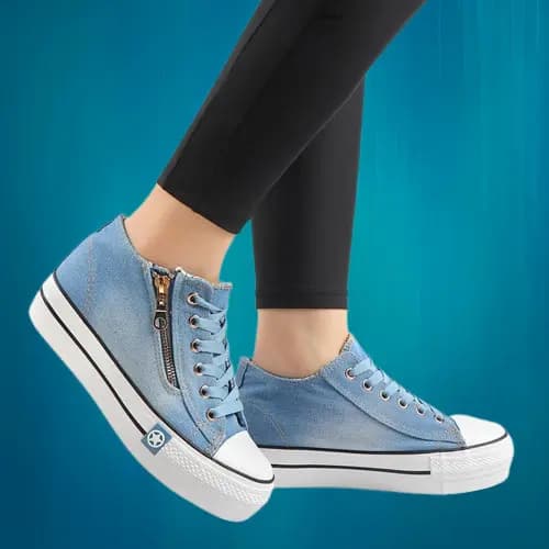 Tênis Plataforma Jeans Feminino Zíper All Moda Dorama Queima De Estoque