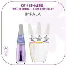 IMPALA UNHAS - KIT COM 3 ESMALTES + TOP COAT VERNIZ EXTRA BRILHO - SUPER FRANCESINHA
