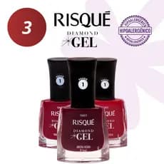 RISQUE UNHAS - KIT 3 ESMALTES DIAMOND GEL VERMELHOS HIPOALERGÊNICO - SEM CABINE