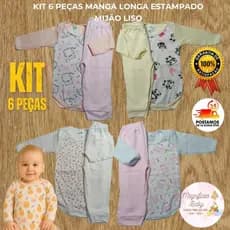 Kit 6 Peças Roupas de Bebê Menina Body Manga Longa Estampado e Mijão Liso Body Estampado Bebê Confortável