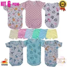 Kit 6 Peças Body Estampado + Short Liso Bebê Malha Canelada Conjunto Bebê Menino e Menina