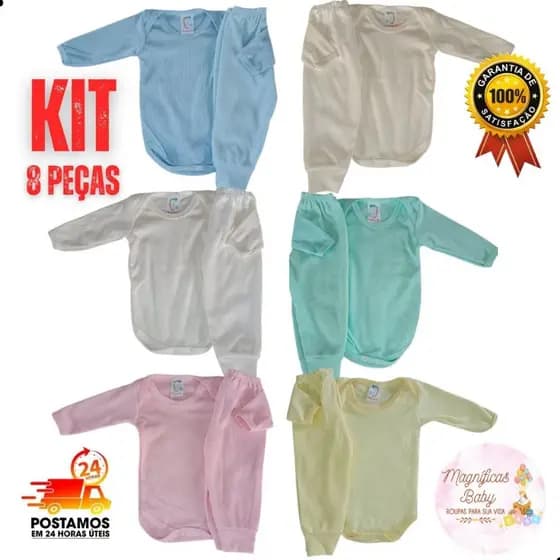Kit 8 Peças Body Bebê Manga Longa Canelado com Mijão Sem Pé com Punho Roupa de Bebê Body Manga Longa