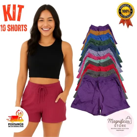 Kit 10 shorts feminino canelado com bolso bermuda feminina adulto cintura alta e soltinho