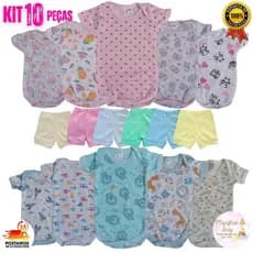 Kit 10 Peças Body Bebê Manga Curta Estampado + Short Liso Malha Canelada Conforto Roupas Bebê